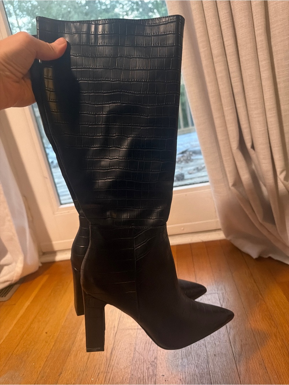 Black Croc print Knee Boots - Women's